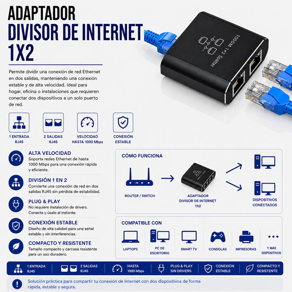 Adaptador Divisor de Internet RJ45 1x2