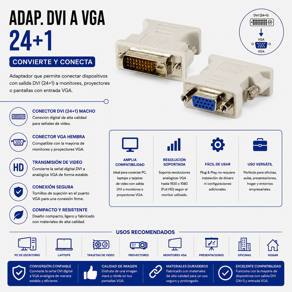 Adaptador DVI 24+1 Macho a VGA Hembra