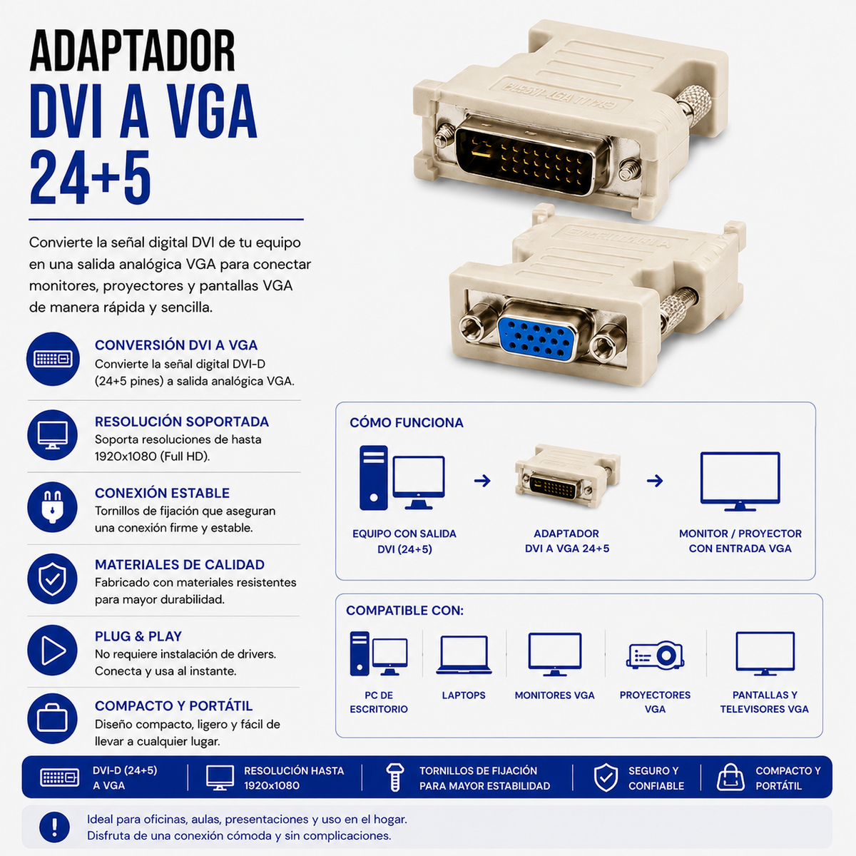 Adaptador DVI-I 24+5 Macho a VGA Hembra