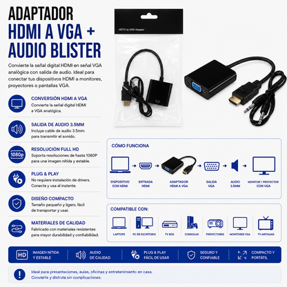 Adaptador HDMI a VGA con Salida de Audio