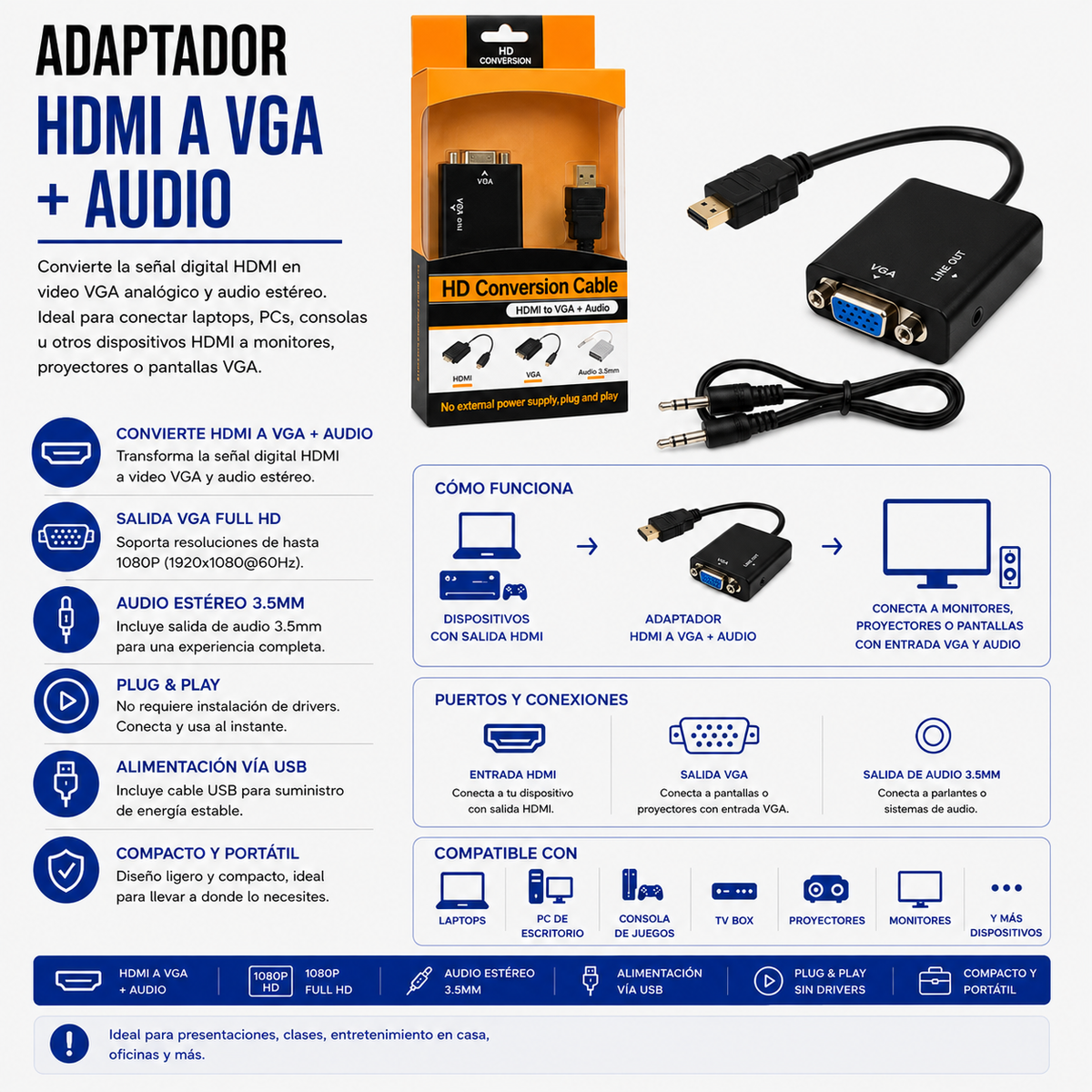 Adaptador HDMI a VGA con Salida de Audio