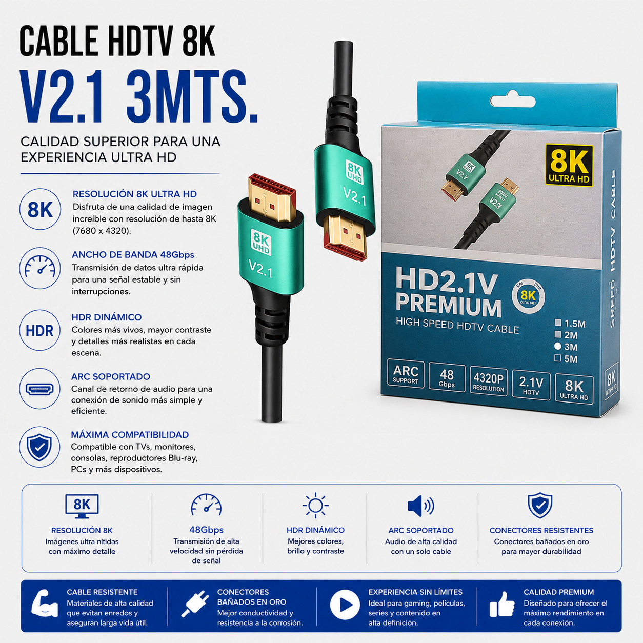 Cable HDMI 2.1 Ultra High Speed 8K – 3 Metros