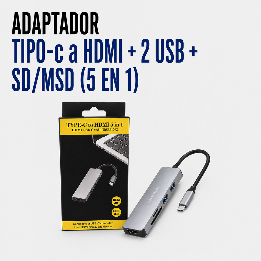 ADAPTADOR TIPO-c a hdmi + 2 USB + SD/MSD (5 EN 1)