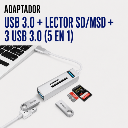 ADAPTADOR USB 3.0 + LECTOR SD/MSD + 3 USB 3.0 (5 EN 1) Q-HU803