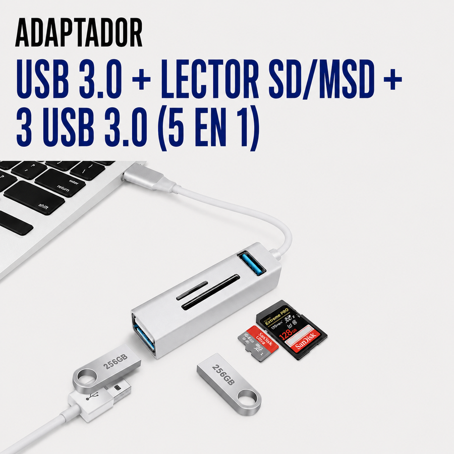 ADAPTADOR USB 3.0 + LECTOR SD/MSD + 3 USB 3.0 (5 EN 1) Q-HU803