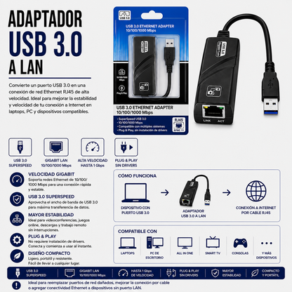 Adaptador USB 3.0 a LAN Gigabit Ethernet
