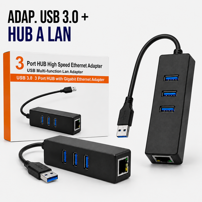 Adaptador USB 3.0 con Hub de 3 Puertos y Puerto LAN Gigabit