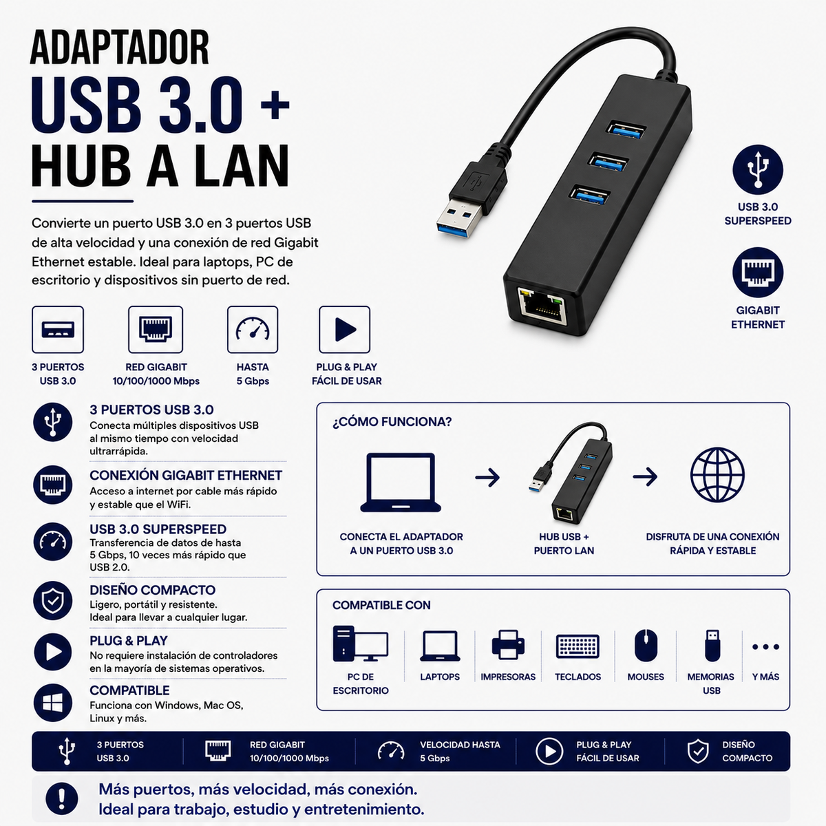 Adaptador USB 3.0 con Hub de 3 Puertos y Puerto LAN Gigabit