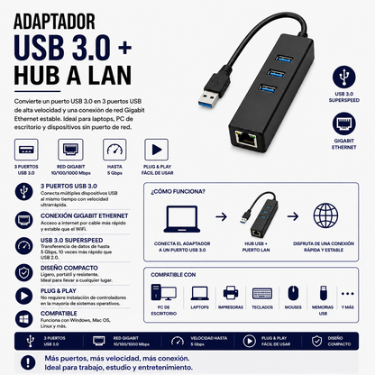 Adaptador USB 3.0 con Hub de 3 Puertos y Puerto LAN Gigabit