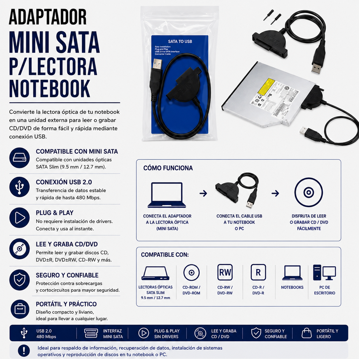 Adaptador USB a Mini SATA para Lectora de Notebook