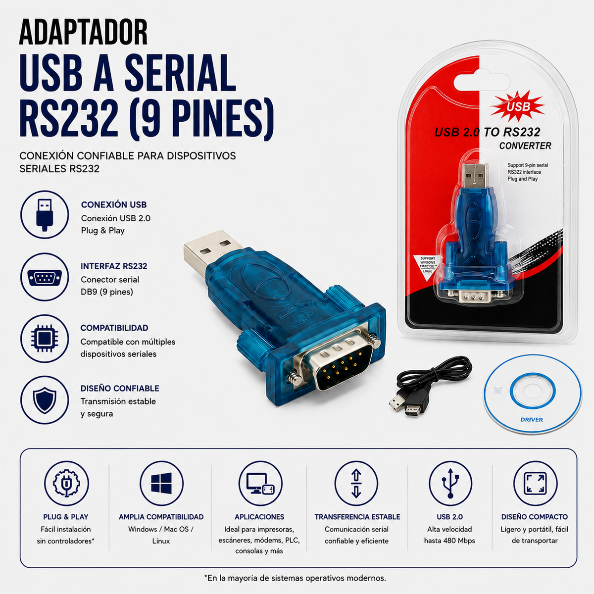 Adaptador USB a Serial RS232 (DB9 – 9 Pines)