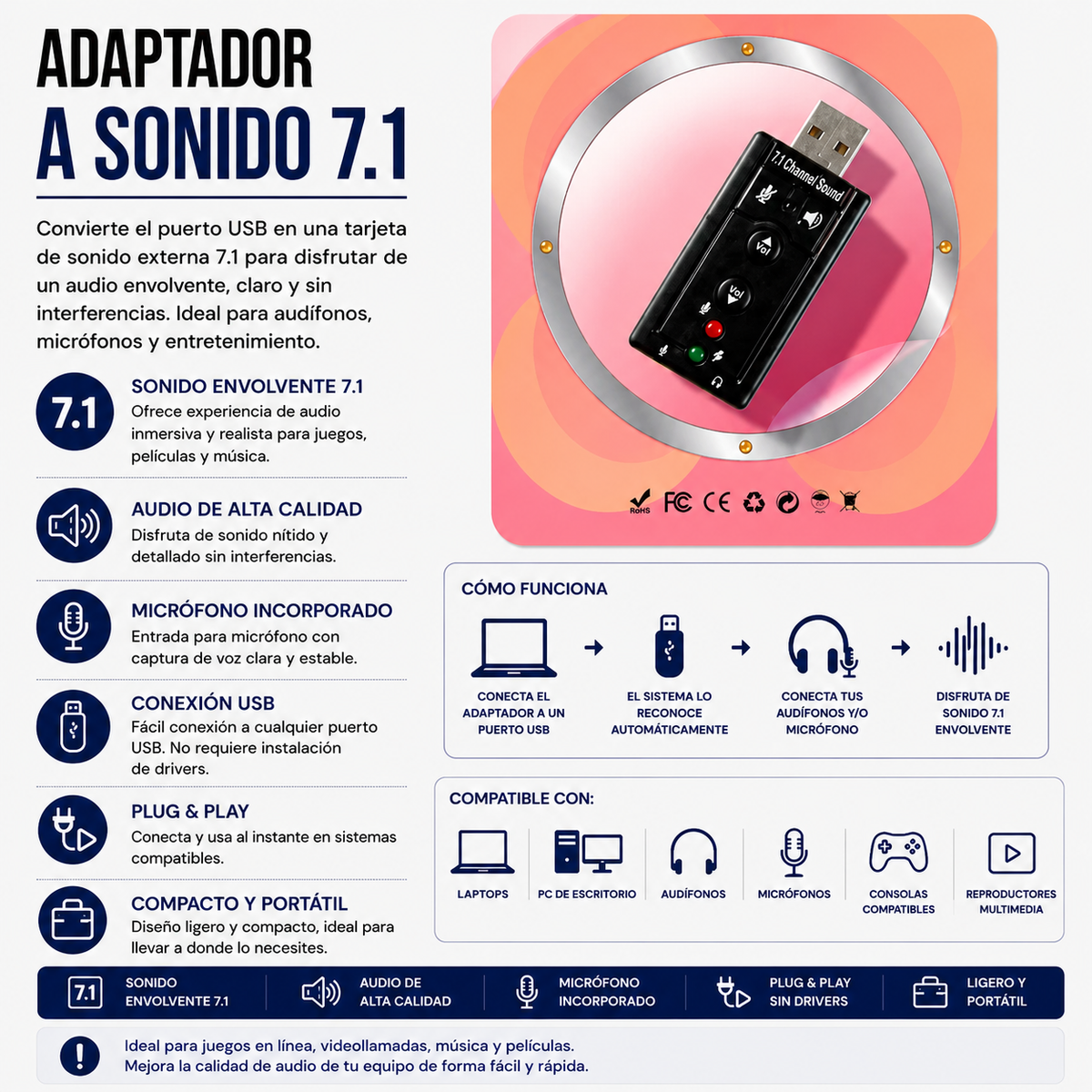 Adaptador USB a Sonido 7.1
