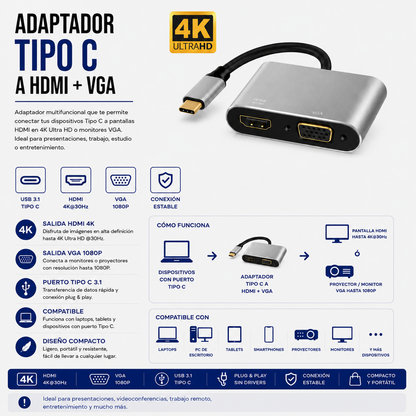 Adaptador USB Tipo-C a HDMI + VGA 4K