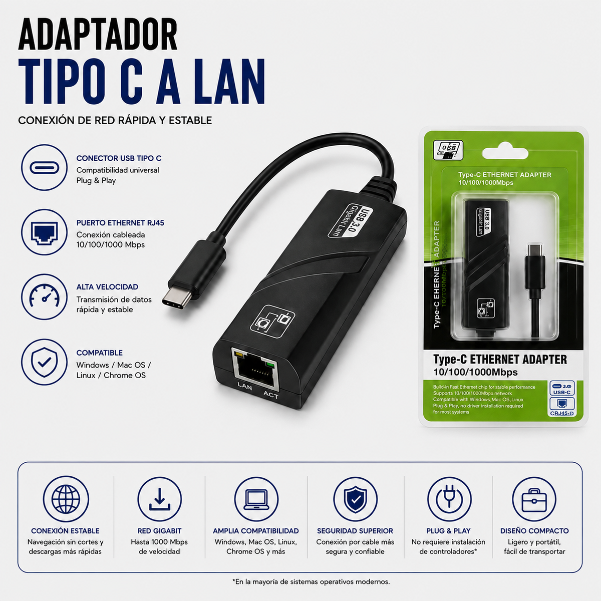 Adaptador USB Tipo-C a LAN Gigabit Ethernet RJ45