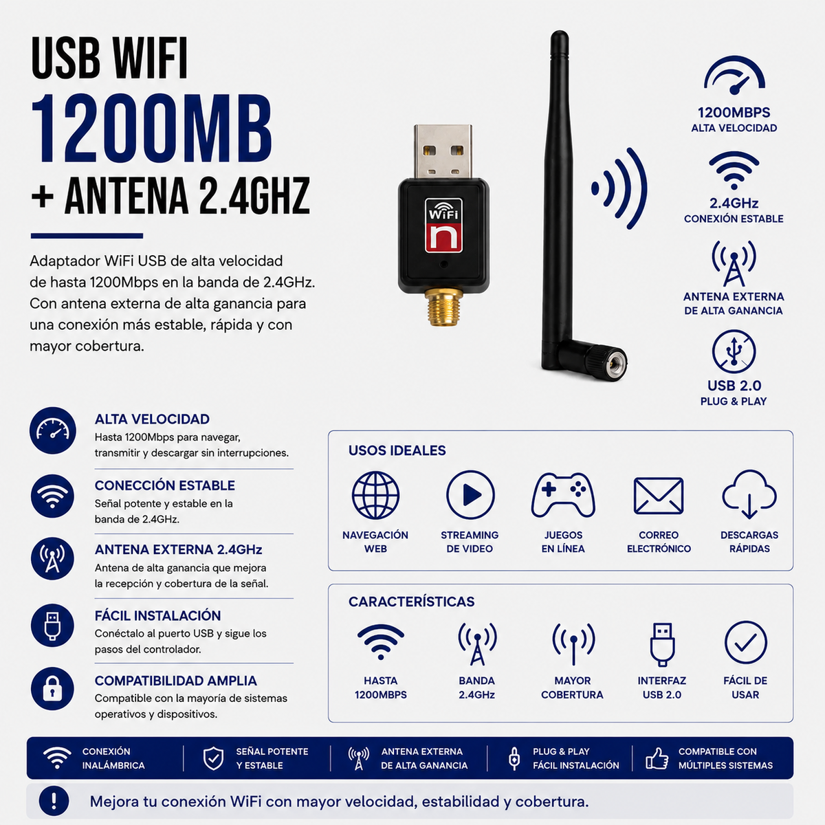 Adaptador USB WiFi 1200 Mbps con Antena Externa 2.4 GHz