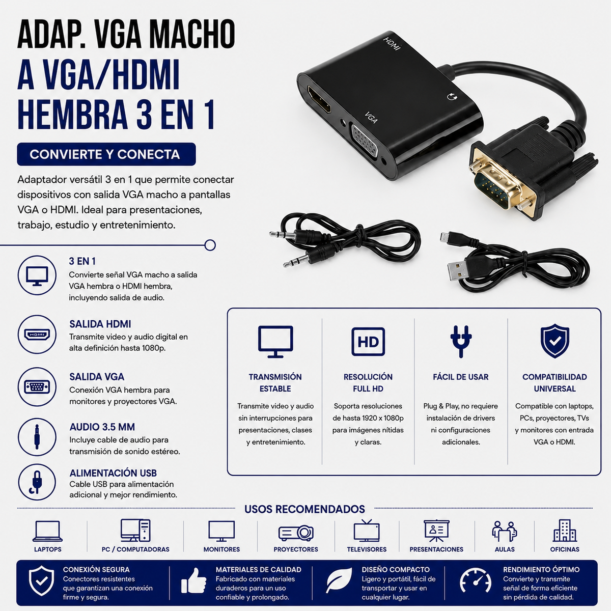 Adaptador VGA Macho a HDMI / VGA Hembra 3 en 1 con Audio