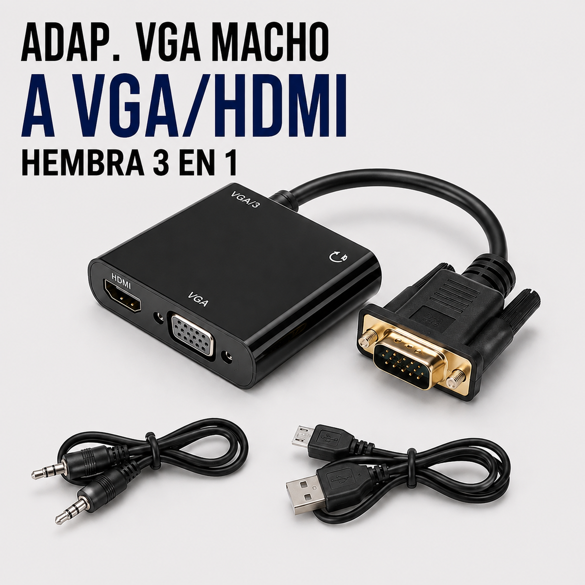 Adaptador VGA Macho a HDMI / VGA Hembra 3 en 1 con Audio