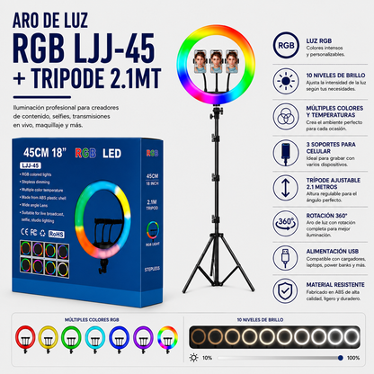 ARO DE LUZ RGB LJJ-45 + TRIPODE 2.1MT