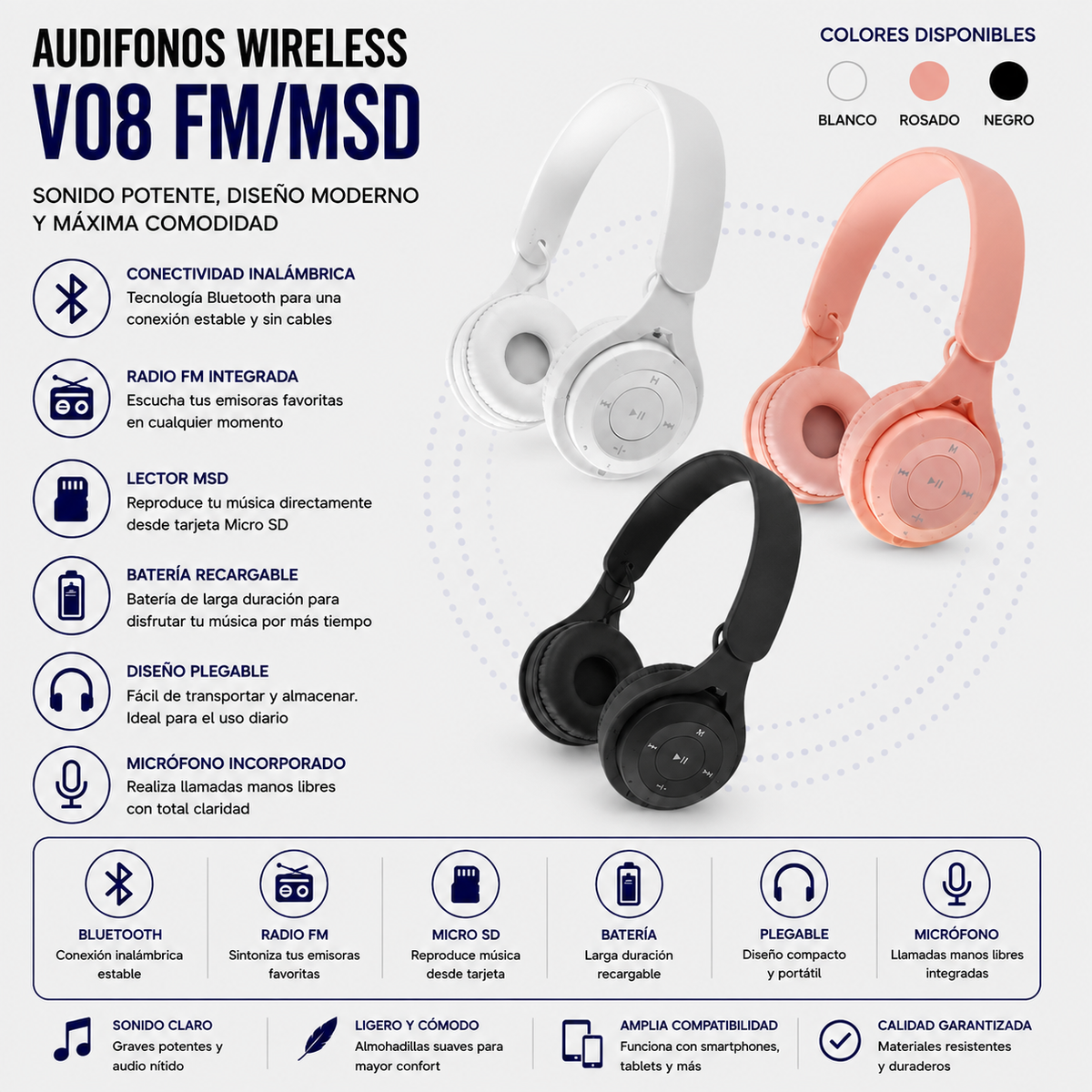 Audífonos Inalámbricos Bluetooth V08 con Radio FM y Reproductor MicroSD