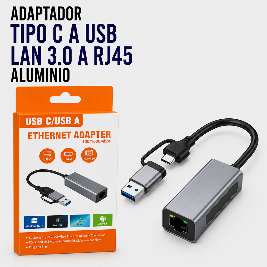 Adaptador USB Tipo-C / USB 3.0 a LAN RJ45 Gigabit de Aluminio