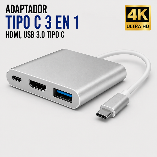 Adaptador USB Tipo-C 3 en 1 – HDMI 4K, USB 3.0 y USB Tipo-C