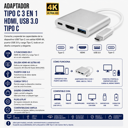Adaptador USB Tipo-C 3 en 1 – HDMI 4K, USB 3.0 y USB Tipo-C