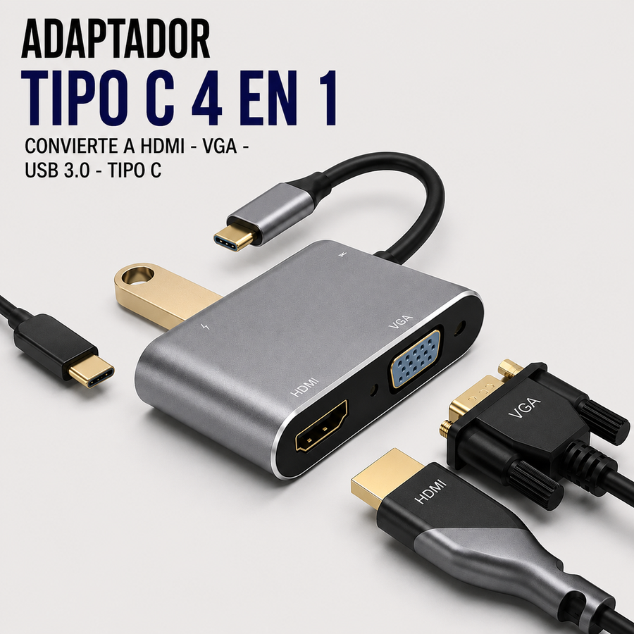 Adaptador USB Tipo-C 4 en 1 – HDMI, VGA, USB 3.0 y USB Tipo-C