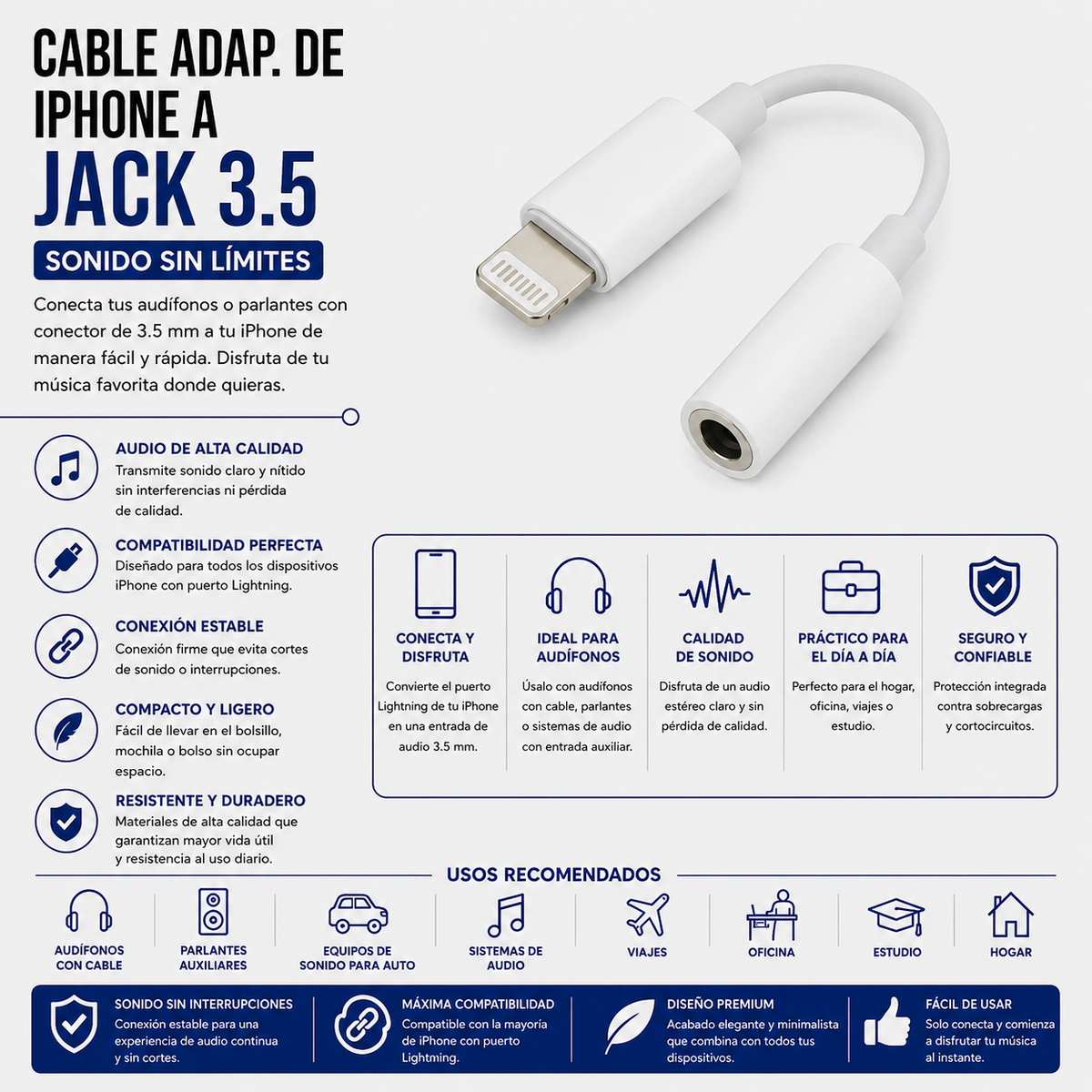 Cable Adaptador Lightning (iPhone) a Jack 3.5 mm
