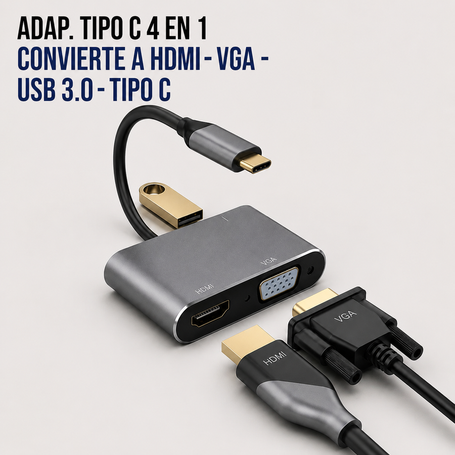Adaptador USB Tipo-C 4 en 1 – HDMI, VGA, USB 3.0 y USB Tipo-C