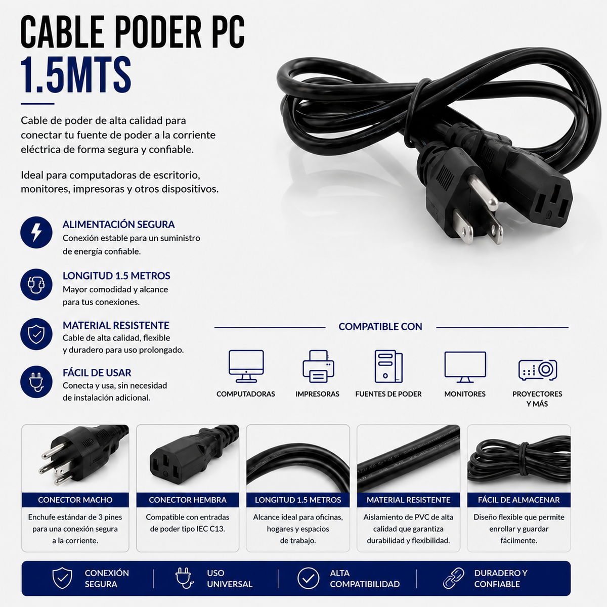Cable de Poder para PC 1.5 Metros