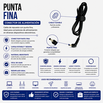 Cable de Repuesto con Punta Fina para Cargador de Laptop