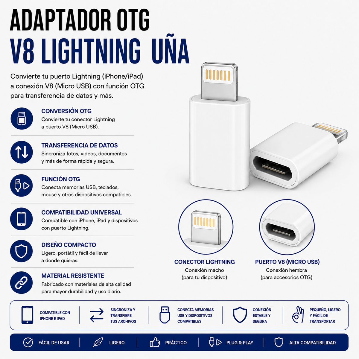 Adaptador OTG Micro USB (V8) Hembra a Lightning Macho