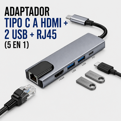 ADAPTADOR TIPO C A HDMI + 2 USB + RJ45 (5 EN 1)