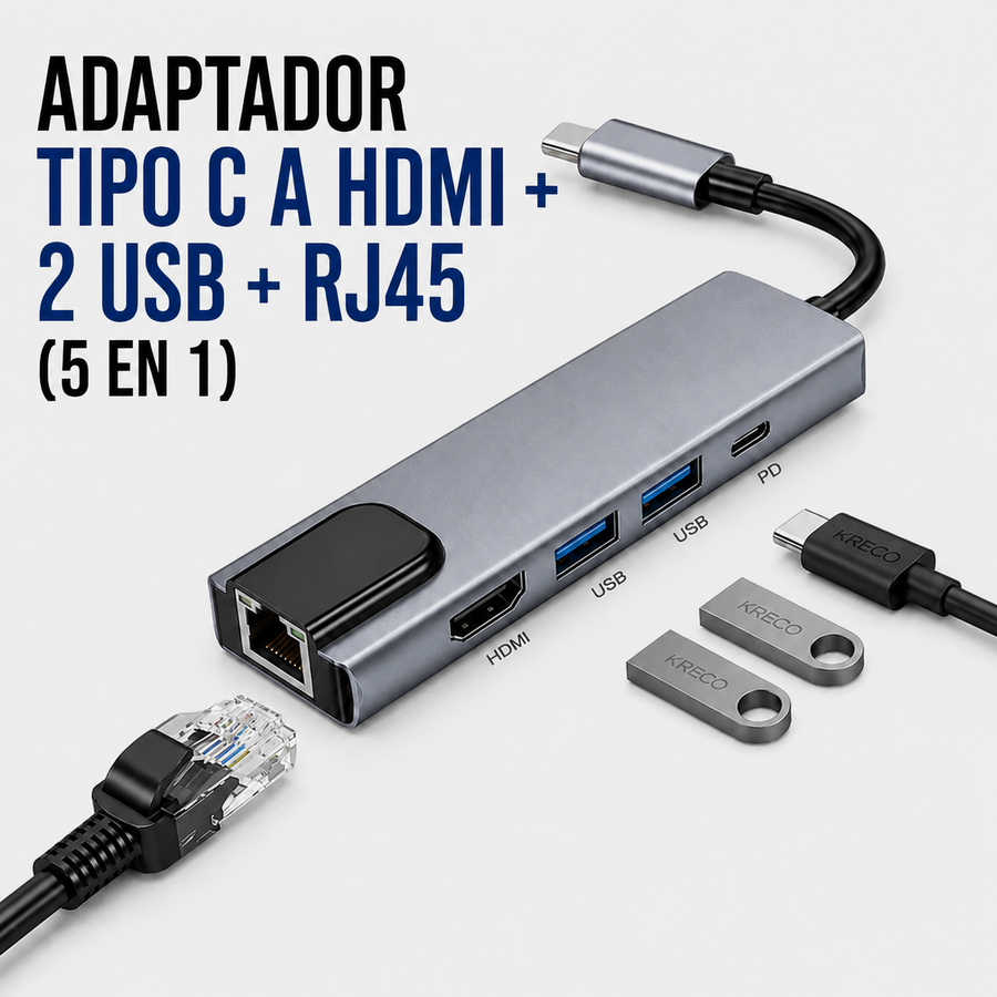 ADAPTADOR TIPO C A HDMI + 2 USB + RJ45 (5 EN 1)