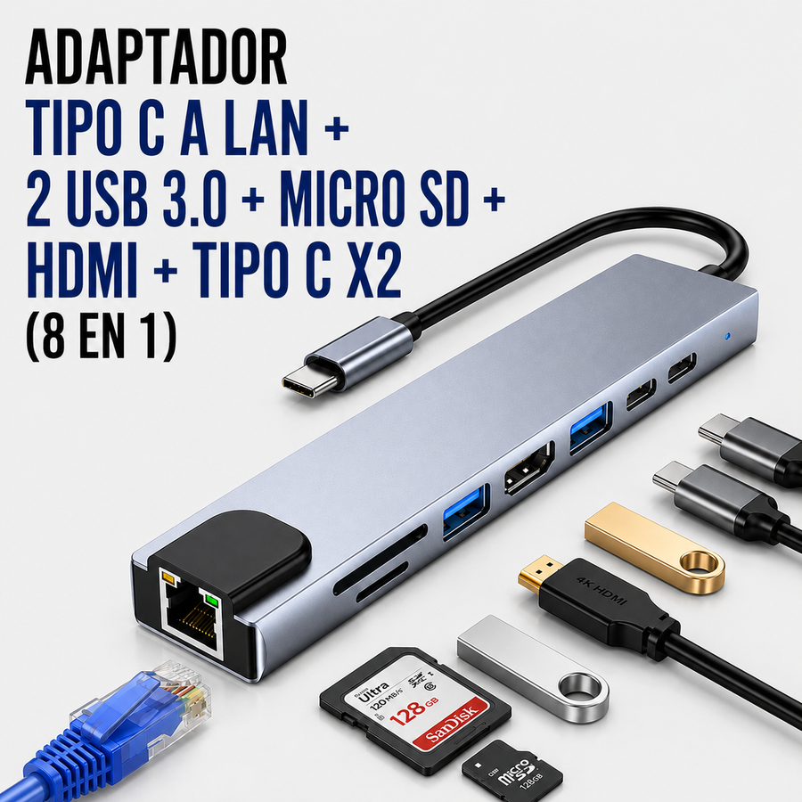 ADAPTADOR TIPO C A LAN + 2 USB 3.0 + MICRO SD + HDMI + TIPO C X2 (8 EN 1)