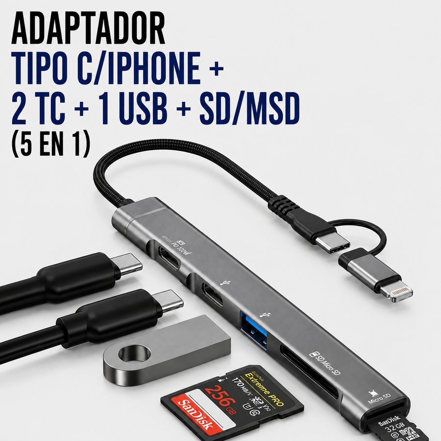 ADAPTADOR TIPO C/IPHONE + 2 TC + 1 USB + SD/MSD (5 EN 1)