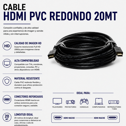 CABLE HDMI PVC REDONDO 20 METROS