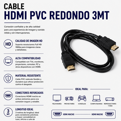 CABLE HDMI PVC REDONDO 3MTS