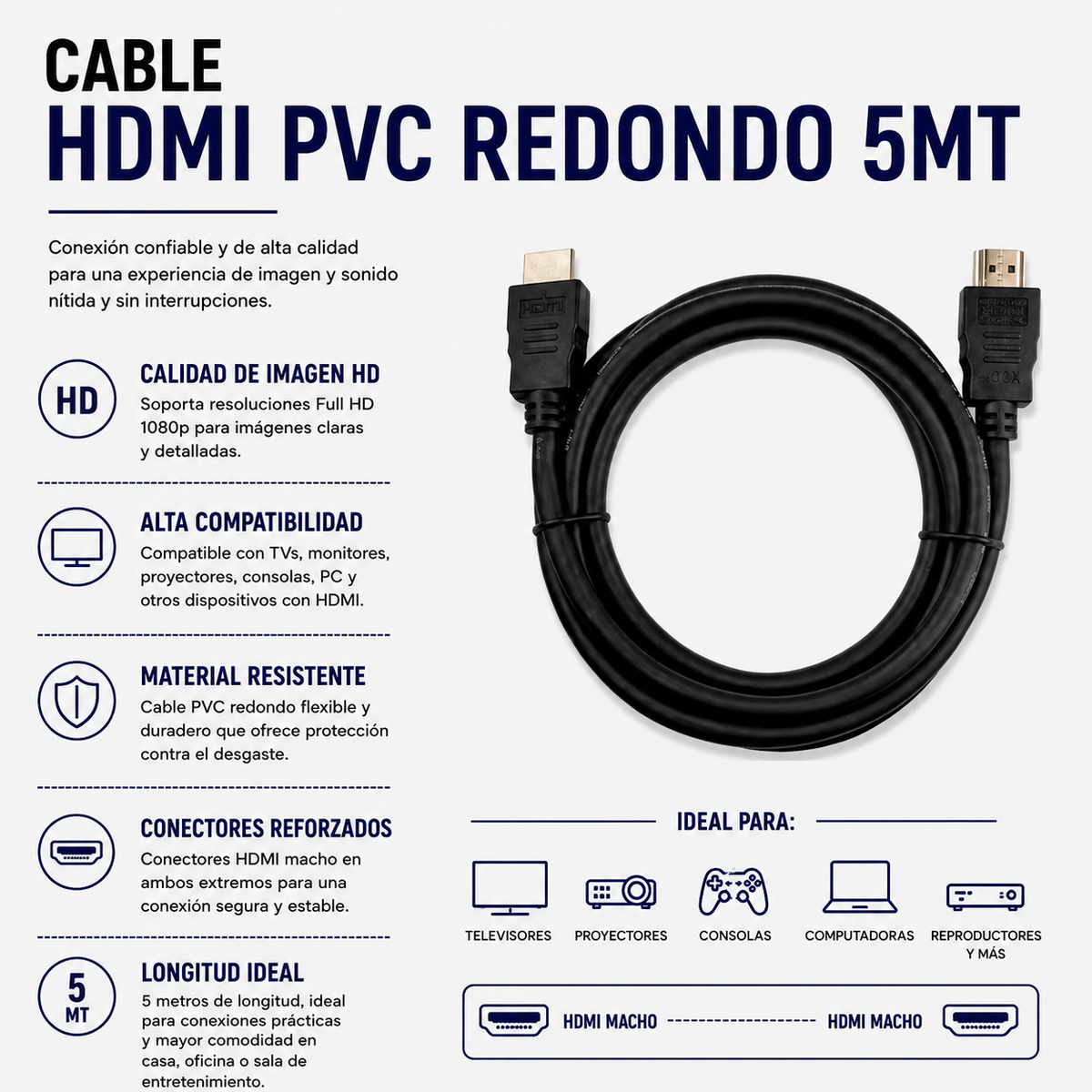 CABLE HDMI PVC REDONDO 5 METROS