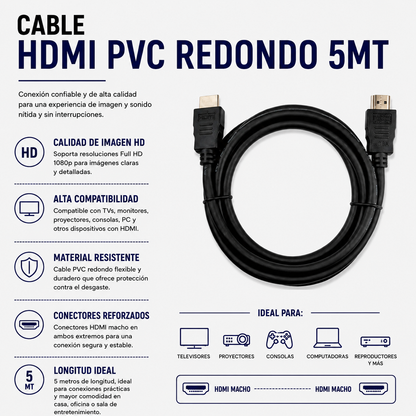 CABLE HDMI PVC REDONDO 5 METROS