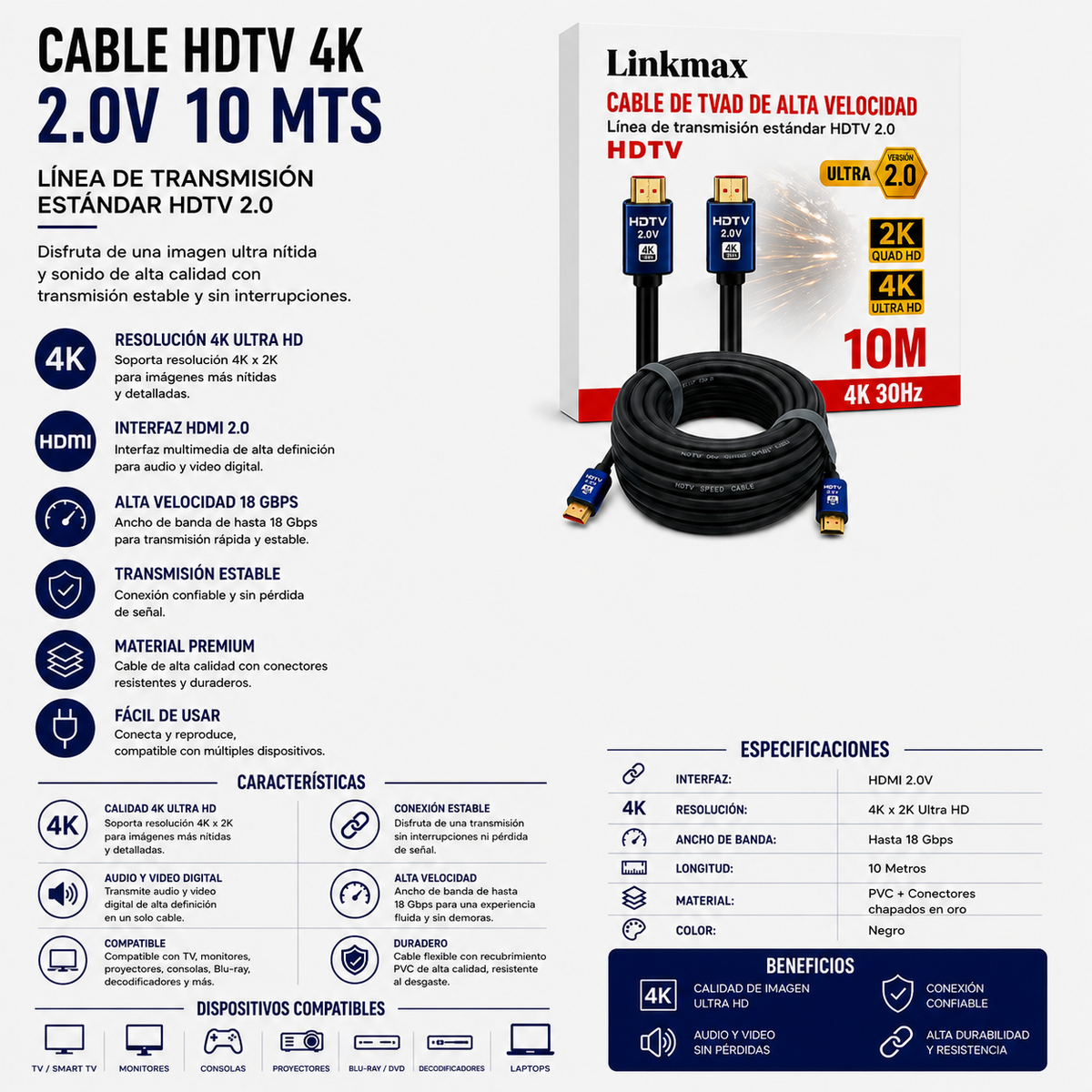 CABLE HDTV 4K HDMI 2.0V – 10 Metros