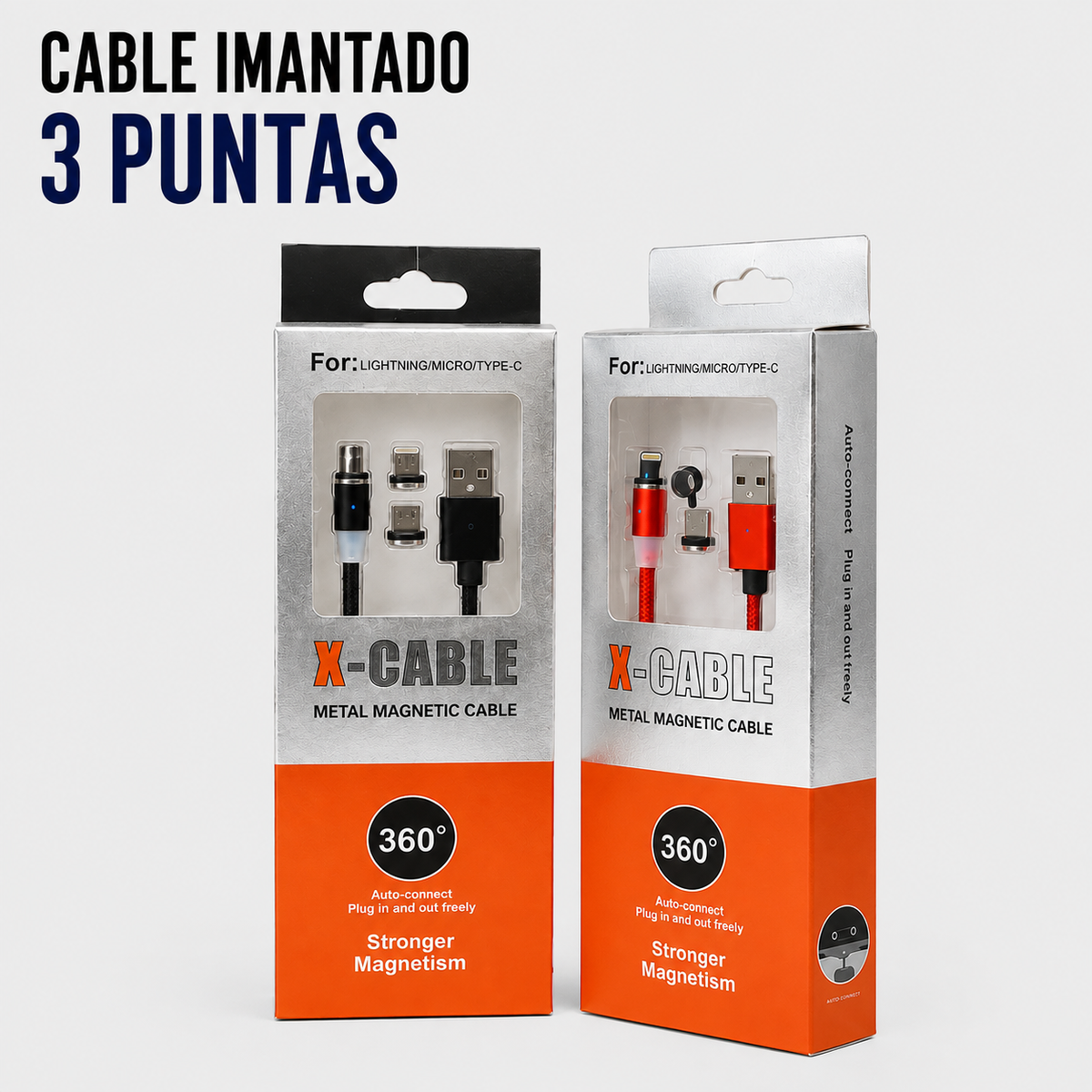 Cable Imantado 3 Puntas USB – Micro USB, USB Tipo-C y Lightning