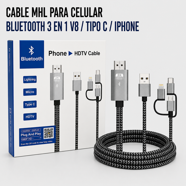 Cable MHL para Celular 3 en 1 – Micro USB, USB Tipo-C y Lightning a HDMI