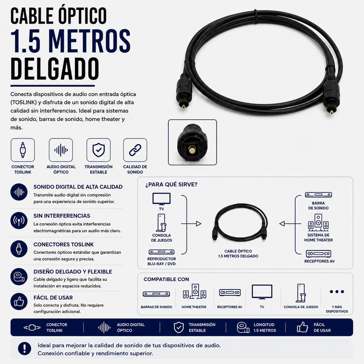 Cable Óptico de Audio TOSLINK 1.5 Metros Delgado