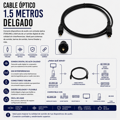 Cable Óptico de Audio TOSLINK 1.5 Metros Delgado