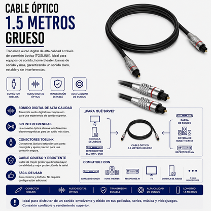Cable Óptico de Audio TOSLINK 1.5 Metros Grueso