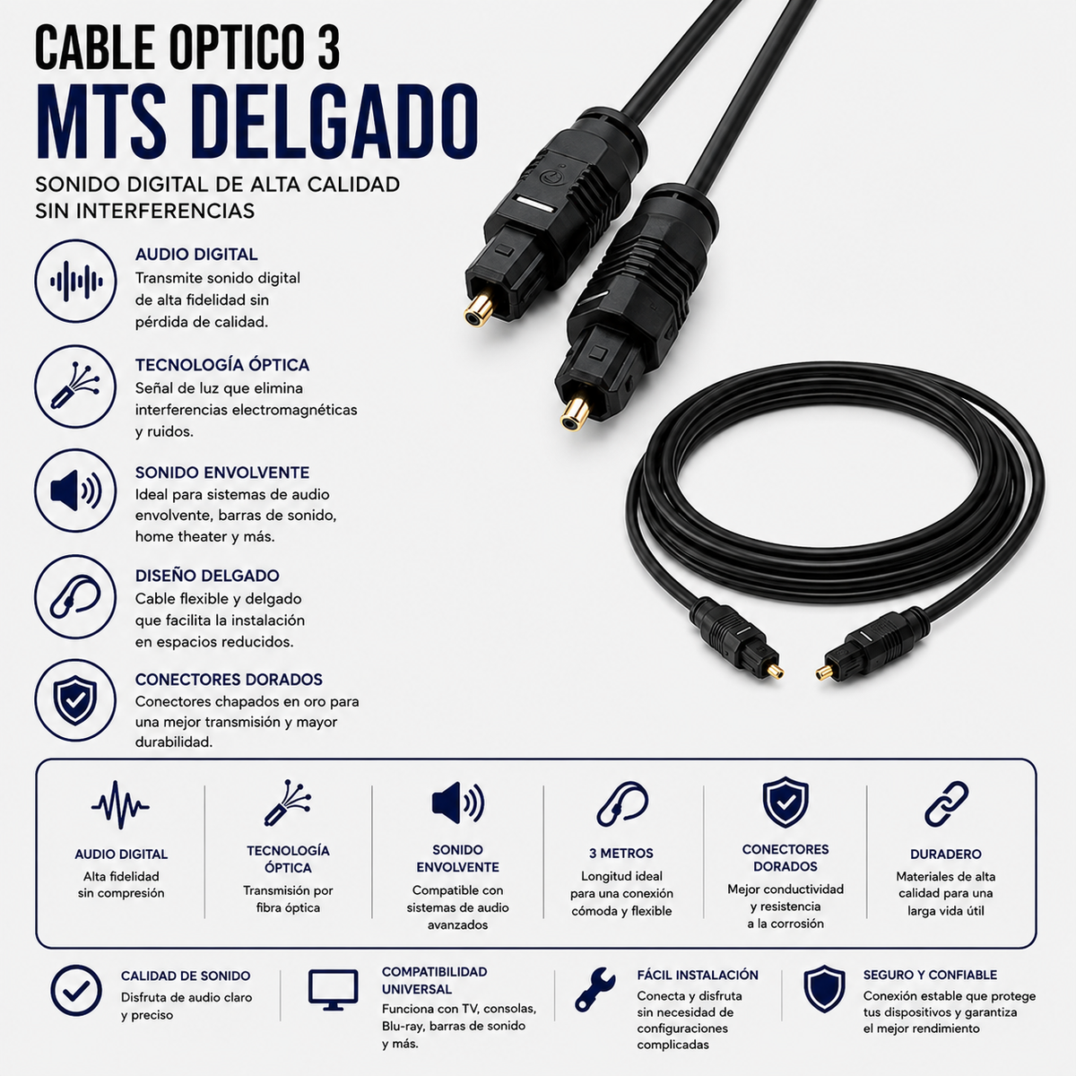 Cable Óptico Digital TOSLINK 3 Metros – Diseño Delgado