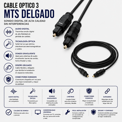 Cable Óptico Digital TOSLINK 3 Metros – Diseño Delgado