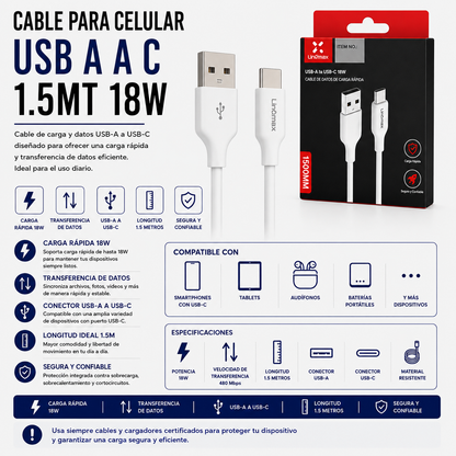 Cable para Celular USB a USB Tipo-C 1.5 Metros 18W