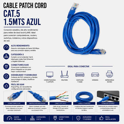 Cable Patch Cord CAT.5e 1.5 Metros Azul
